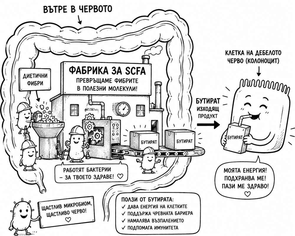 Илюстрация: фабрика за SCFA — как бактериите превръщат фибрите в бутират, който храни клетките на дебелото черво