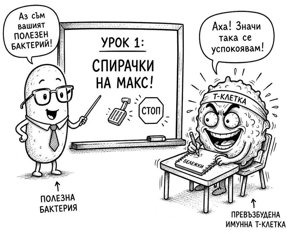 Илюстрация: полезна бактерия учи превъзбудена Т-клетка как да ползва „спирачките
