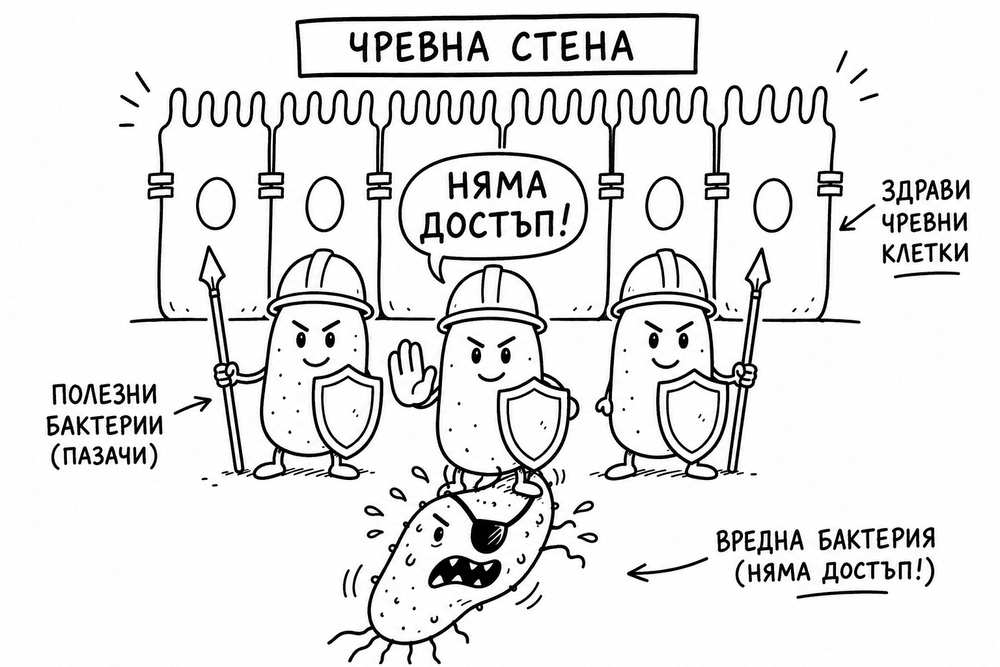 Илюстрация: чревната стена, охранявана от полезни бактерии — не позволяват на вредна бактерия достъп