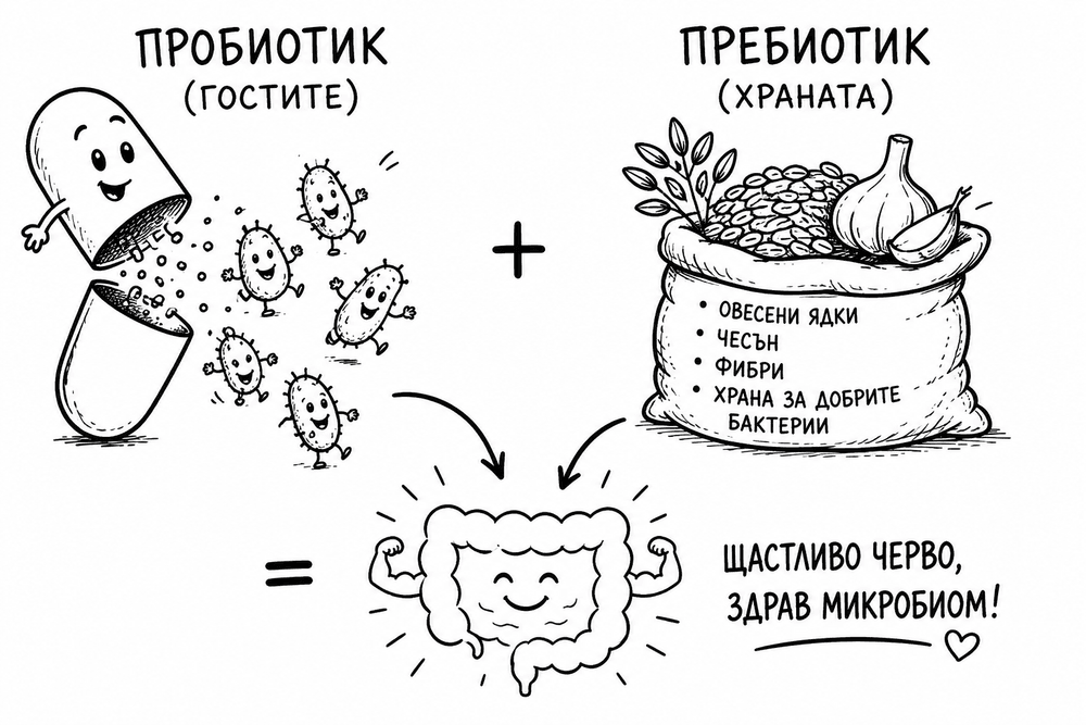 Илюстрация: пробиотик (гостите) + пребиотик (храната) = щастливо черво, здрав микробиом